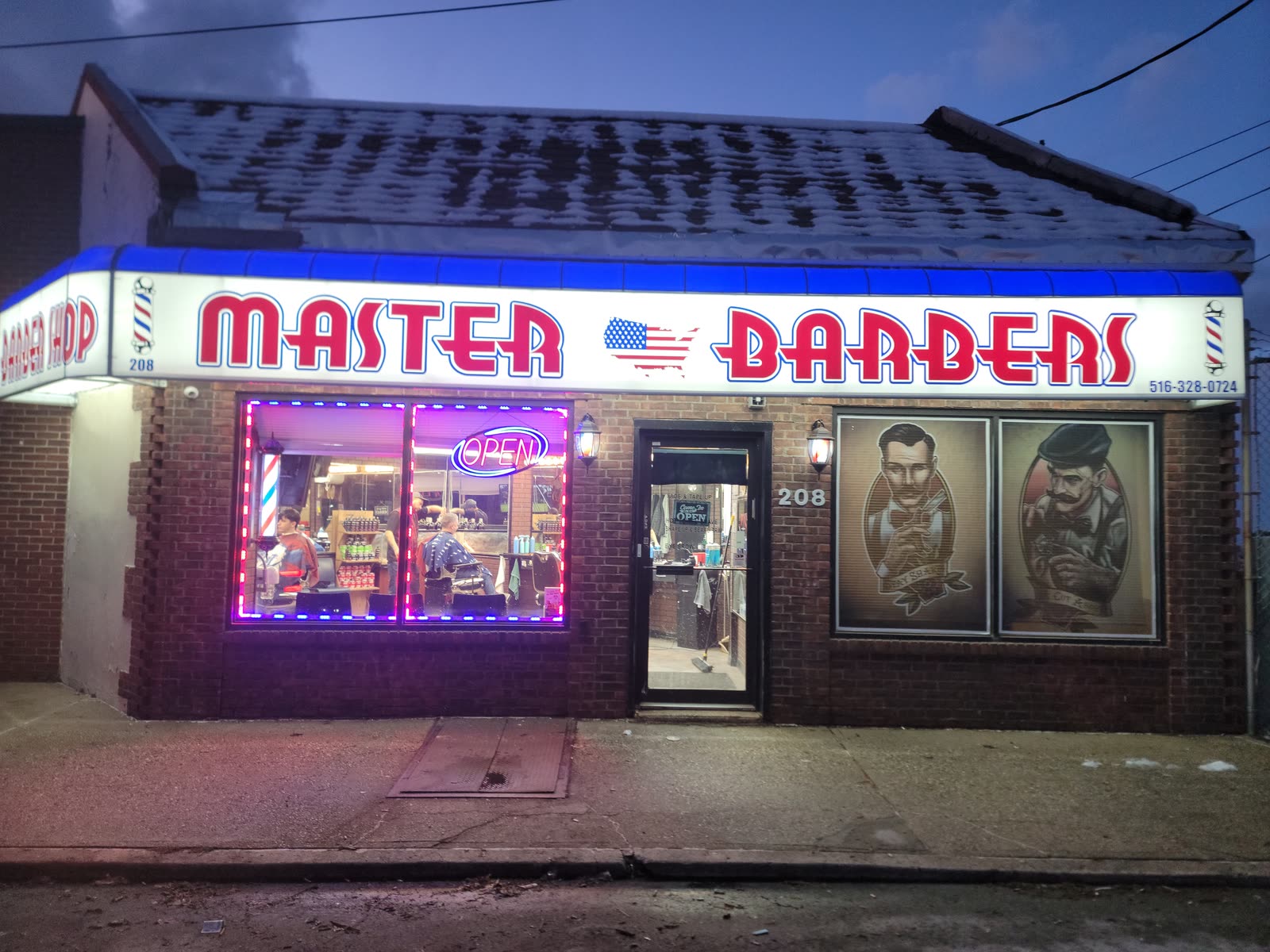 The Franklin Avenue storefront at dusk, neon sign and vintage barber portraits in the window